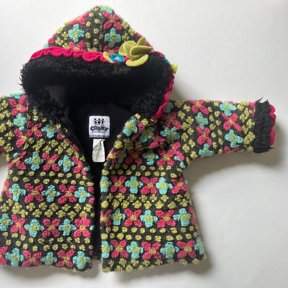Vintage Baby Blue, Green, Pink and Black High Pile Flowers Fleece Hooded Coat - Picture 1 of 6
